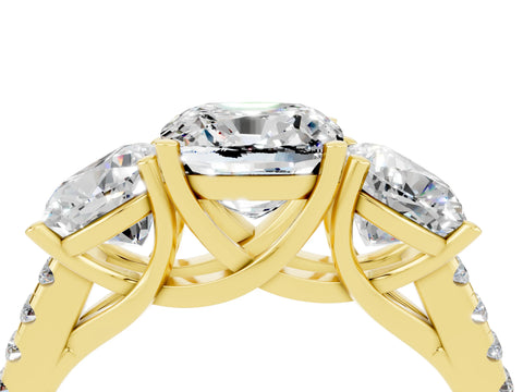Yellow gold Three-Stone Cushion Cut Moissanite Ring with Pavé Band and Prong Setting_16
