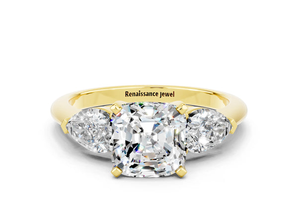 Yellow gold Three-Stone Cushion Cut Moissanite Ring with Pear Side Stones and Four-Prong Setting