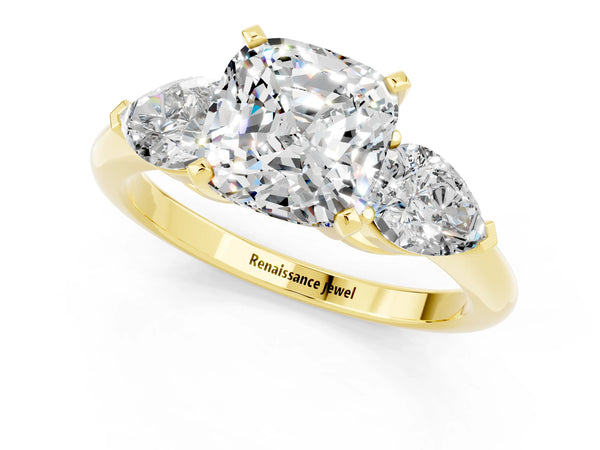 Yellow gold Three-Stone Cushion Cut Moissanite Ring with Pear Side Stones and Four-Prong Setting