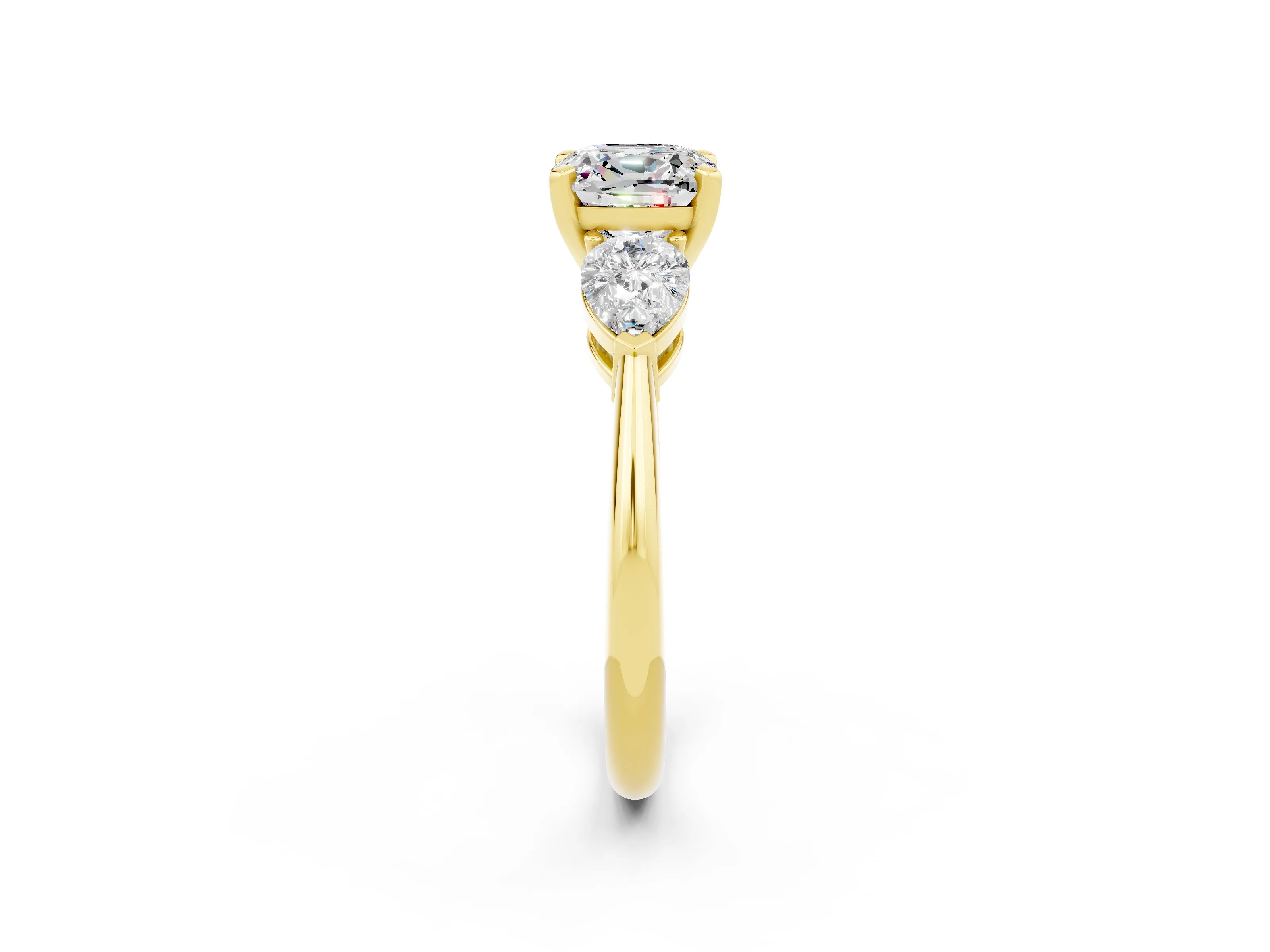 Yellow gold Three-Stone Cushion Cut Moissanite Ring with Pear Side Stones and Four-Prong Setting_2
