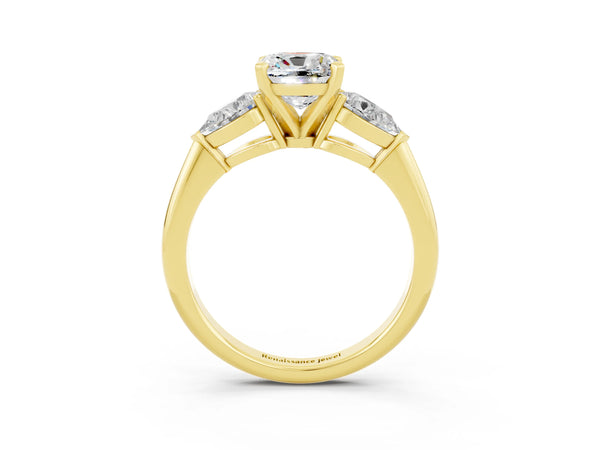 Yellow gold Three-Stone Cushion Cut Moissanite Ring with Pear Side Stones and Four-Prong Setting
