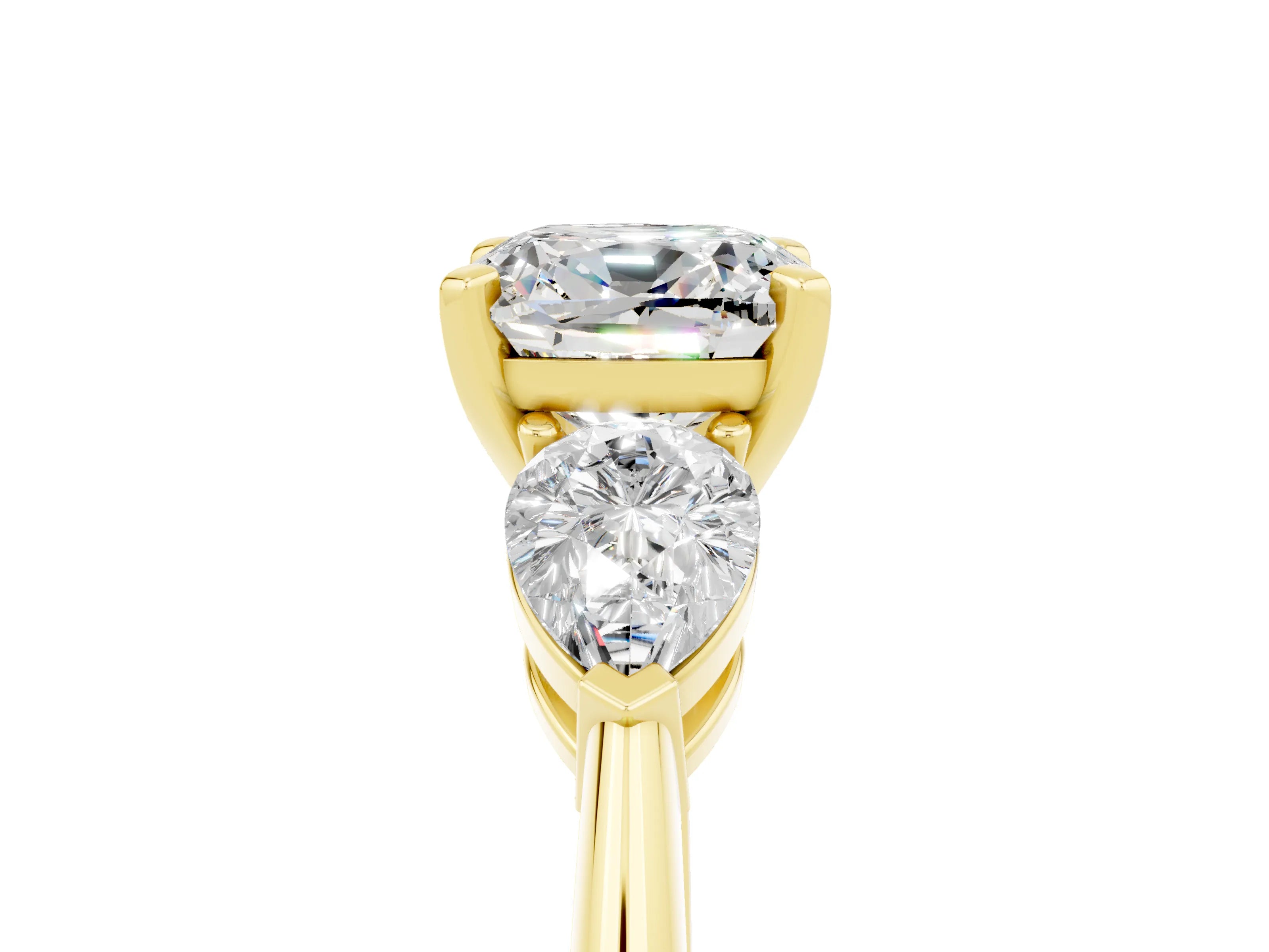 Yellow gold Three-Stone Cushion Cut Moissanite Ring with Pear Side Stones and Four-Prong Setting_5