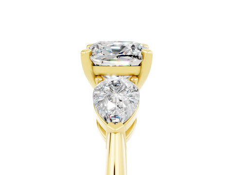 Yellow gold Three-Stone Cushion Cut Moissanite Ring with Pear Side Stones and Four-Prong Setting_5