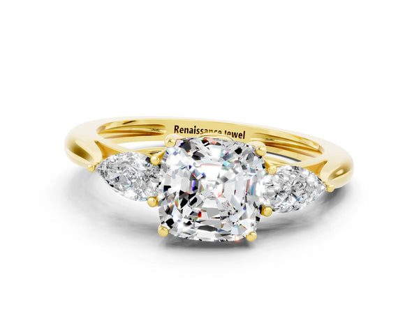 Yellow gold Three-Stone Cushion Cut Moissanite Ring with Pear  Side Stones in Four-Prong Setting
