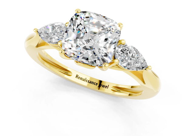 Yellow gold Three-Stone Cushion Cut Moissanite Ring with Pear  Side Stones in Four-Prong Setting