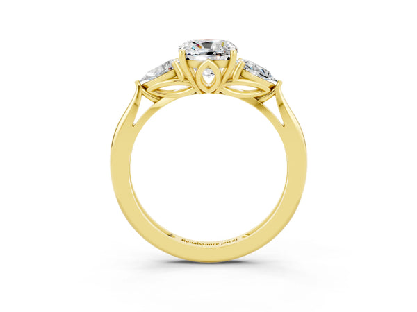 Yellow gold Three-Stone Cushion Cut Moissanite Ring with Pear  Side Stones in Four-Prong Setting