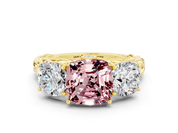 Yellow gold Three-Stone Cushion Cut Morganite Braided Band Ring with Four-Prong Setting