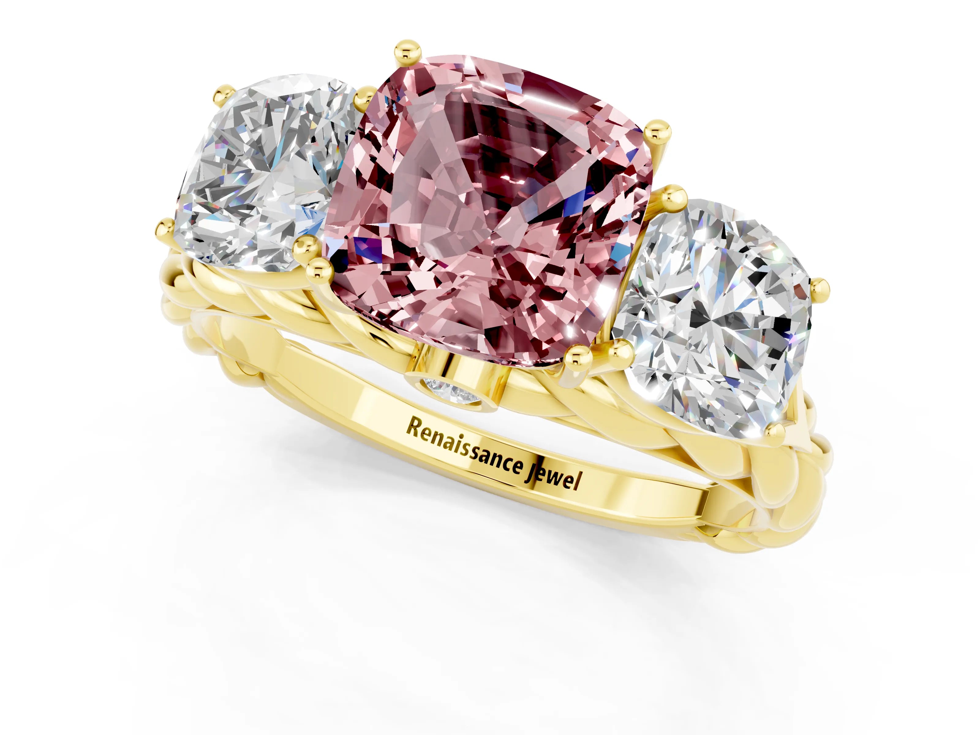 Yellow gold Three-Stone Cushion Cut Morganite Braided Band Ring with Four-Prong Setting_13