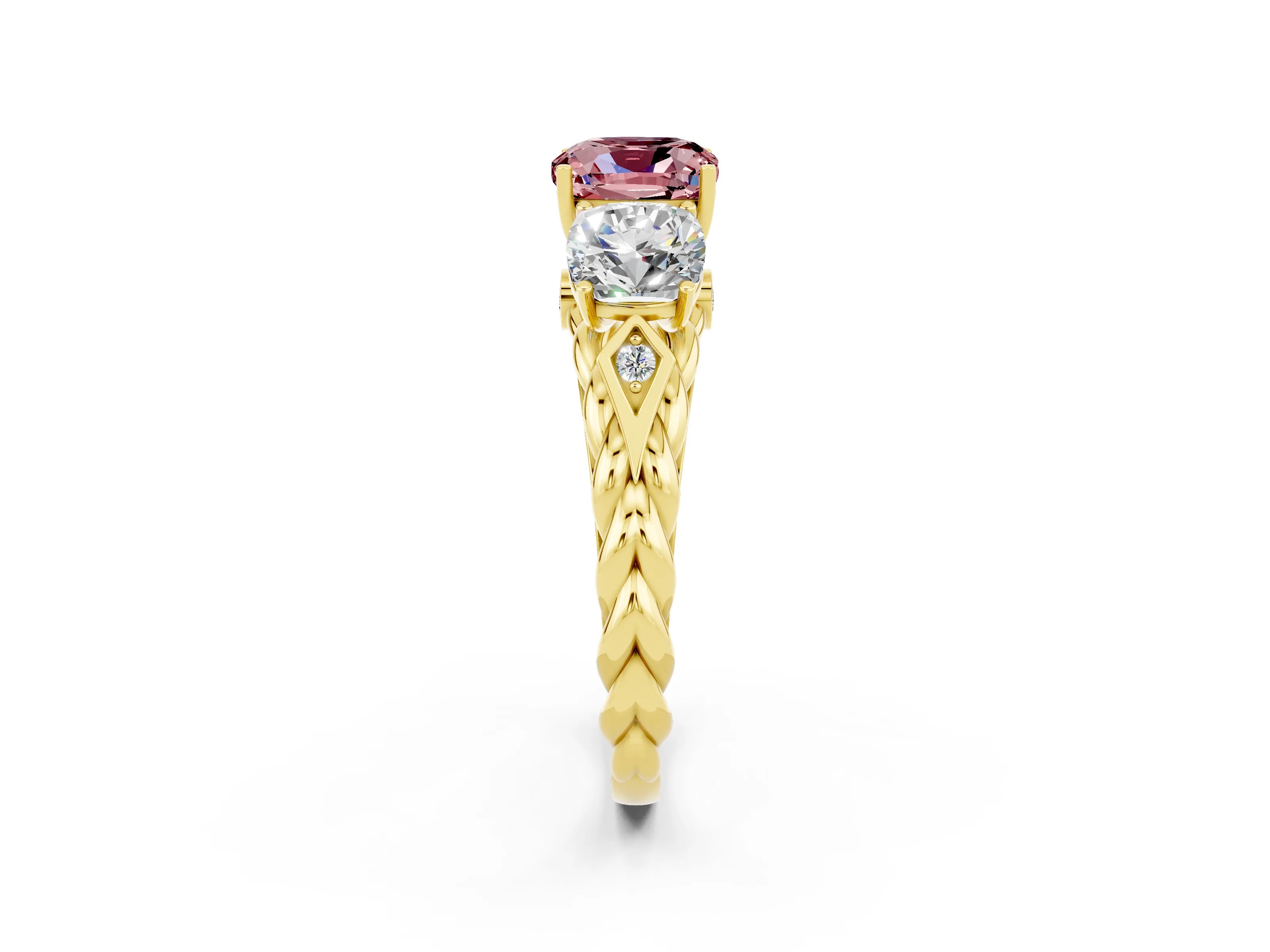 Yellow gold Three-Stone Cushion Cut Morganite Braided Band Ring with Four-Prong Setting_14