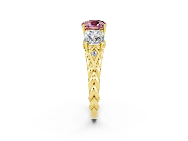Yellow gold Three-Stone Cushion Cut Morganite Braided Band Ring with Four-Prong Setting