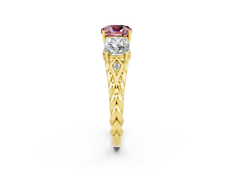 Yellow gold Three-Stone Cushion Cut Morganite Braided Band Ring with Four-Prong Setting_14