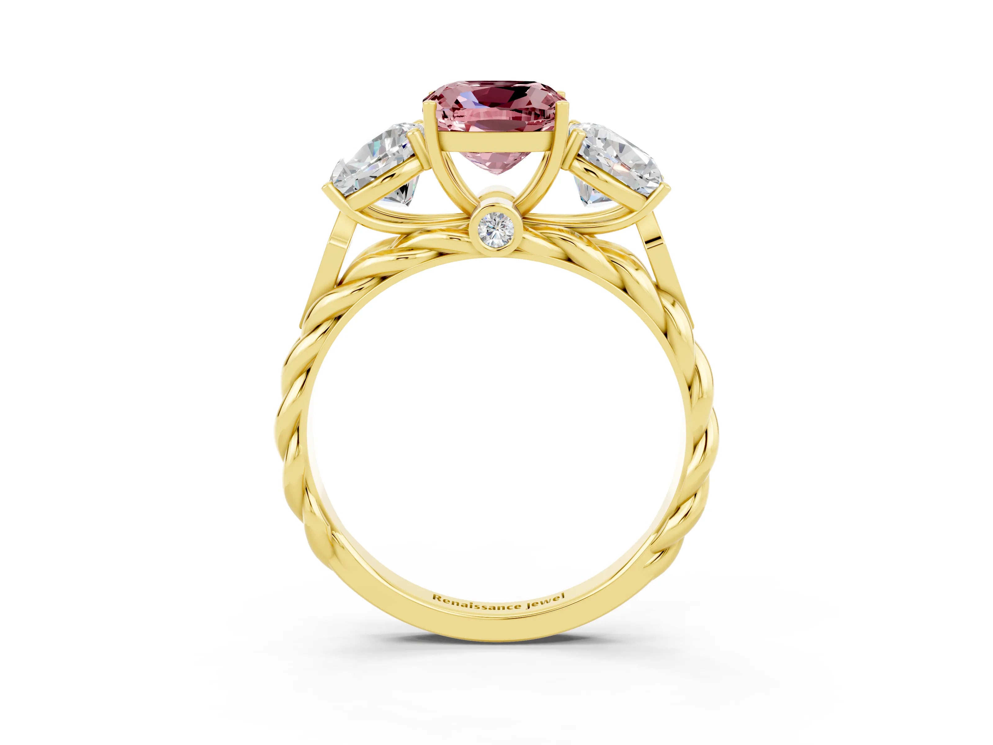Yellow gold Three-Stone Cushion Cut Morganite Braided Band Ring with Four-Prong Setting_15