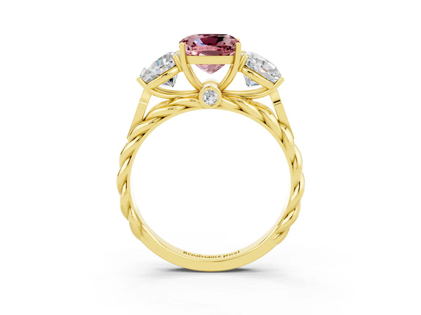 Yellow gold Three-Stone Cushion Cut Morganite Braided Band Ring with Four-Prong Setting
