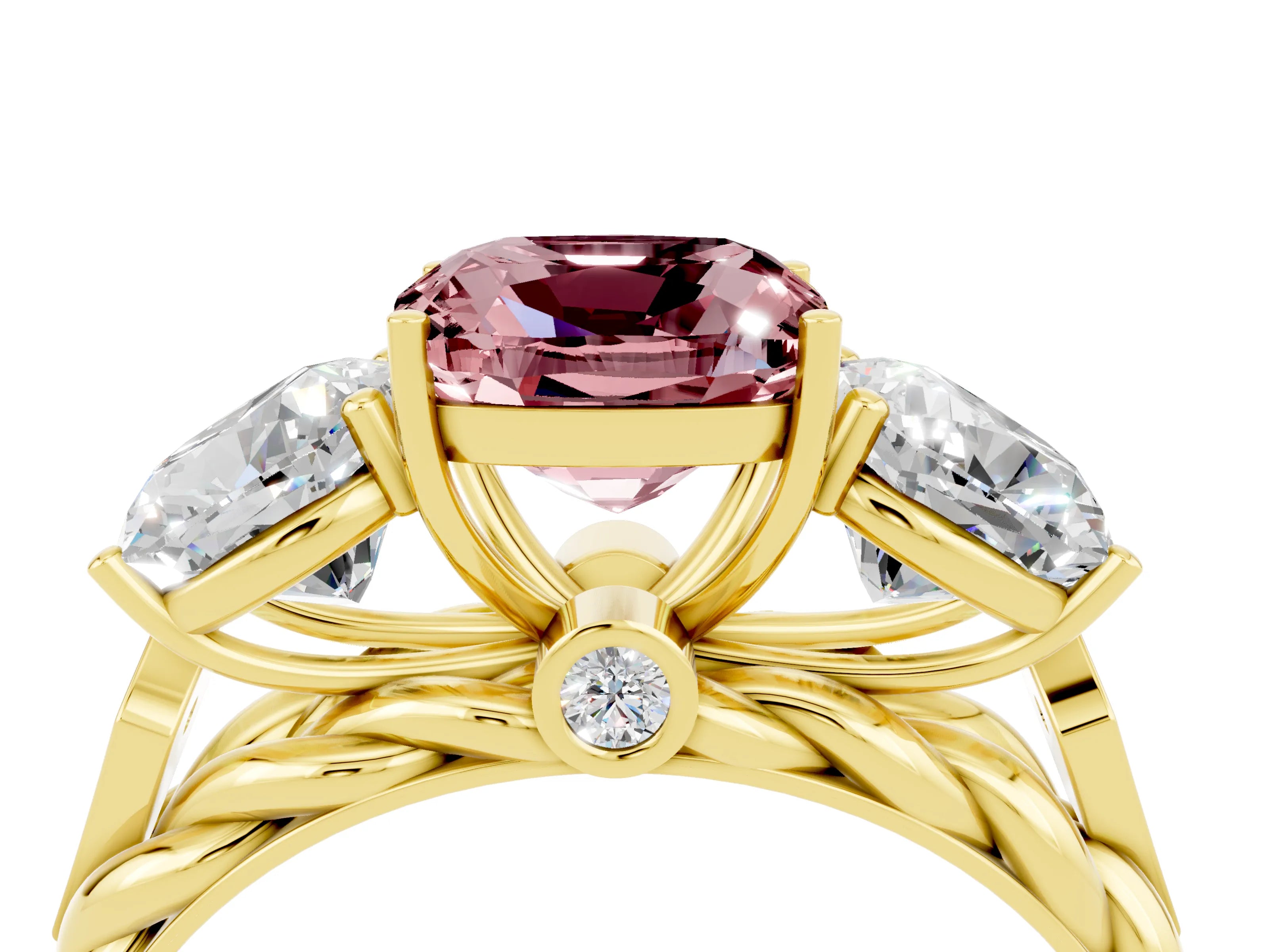 Yellow gold Three-Stone Cushion Cut Morganite Braided Band Ring with Four-Prong Setting_16