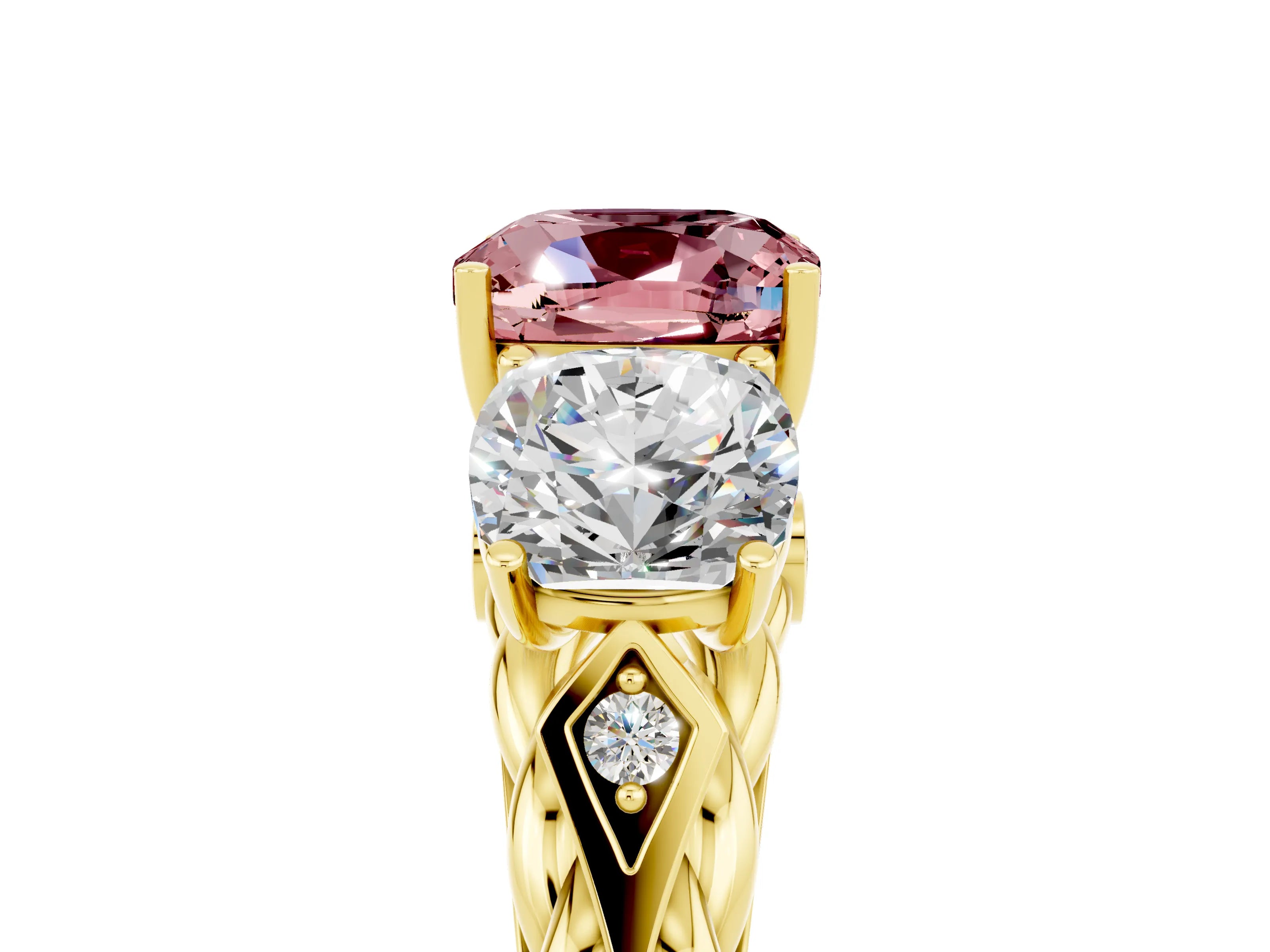 Yellow gold Three-Stone Cushion Cut Morganite Braided Band Ring with Four-Prong Setting_17