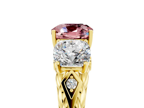 Yellow gold Three-Stone Cushion Cut Morganite Braided Band Ring with Four-Prong Setting_17