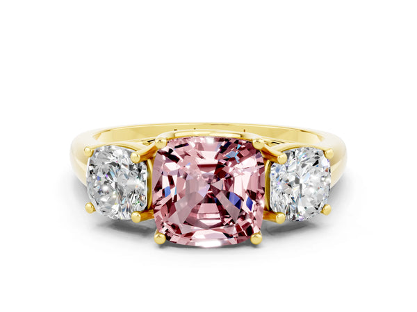 Yellow gold Three-Stone Cushion Cut Morganite Engagement Ring with Prong Setting
