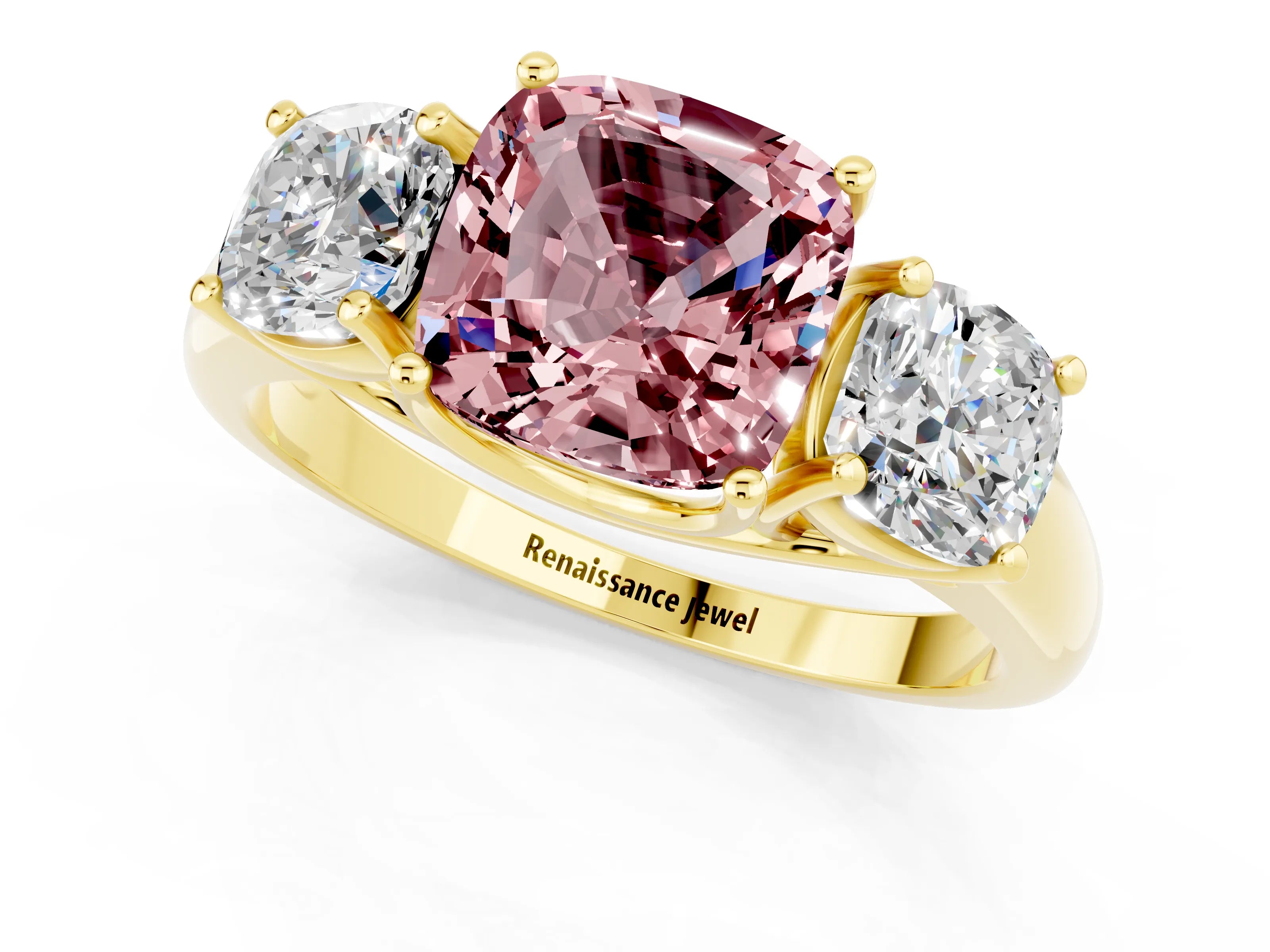 Yellow gold Three-Stone Cushion Cut Morganite Engagement Ring with Prong Setting_1
