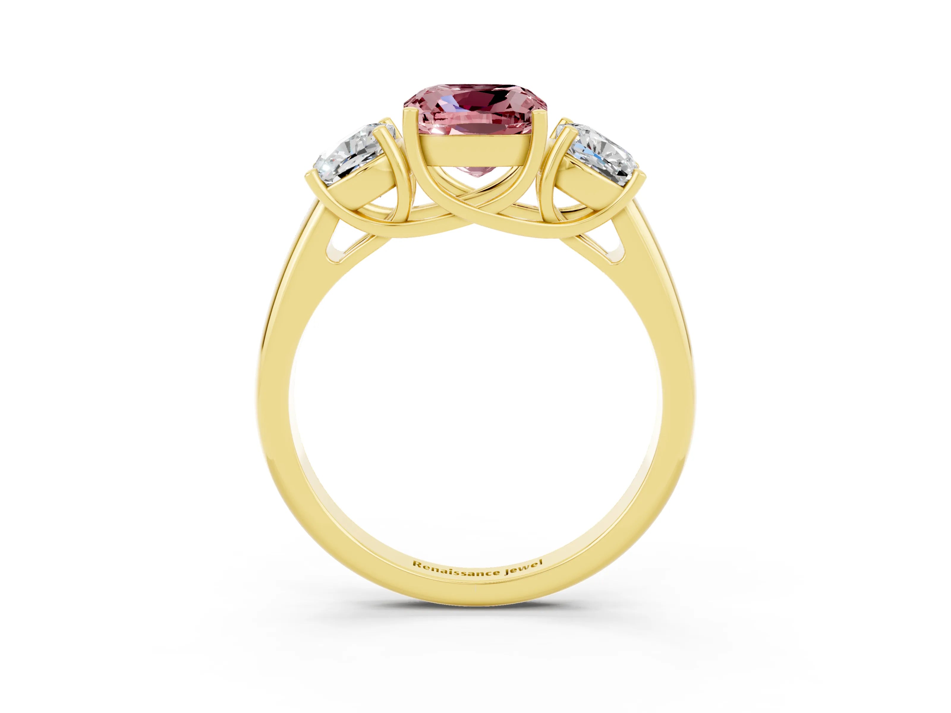 Yellow gold Three-Stone Cushion Cut Morganite Engagement Ring with Prong Setting_3