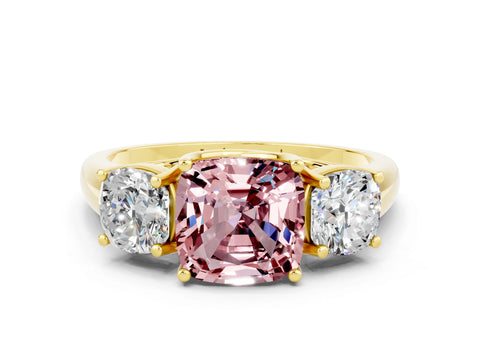 Yellow gold Three-Stone Cushion Cut Morganite Engagement Ring with Prong Setting