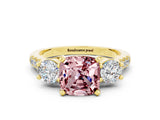 Yellow gold Three-Stone Cushion Cut Morganite Pavé Band with Four-Prong Setting