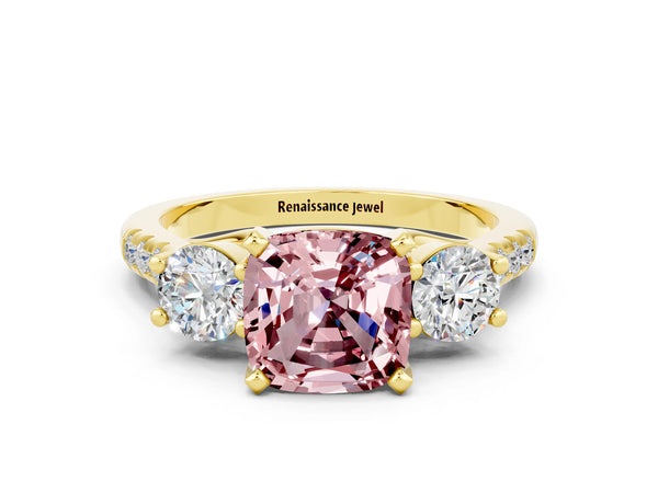 Yellow gold Three-Stone Cushion Cut Morganite Pavé Band with Four-Prong Setting