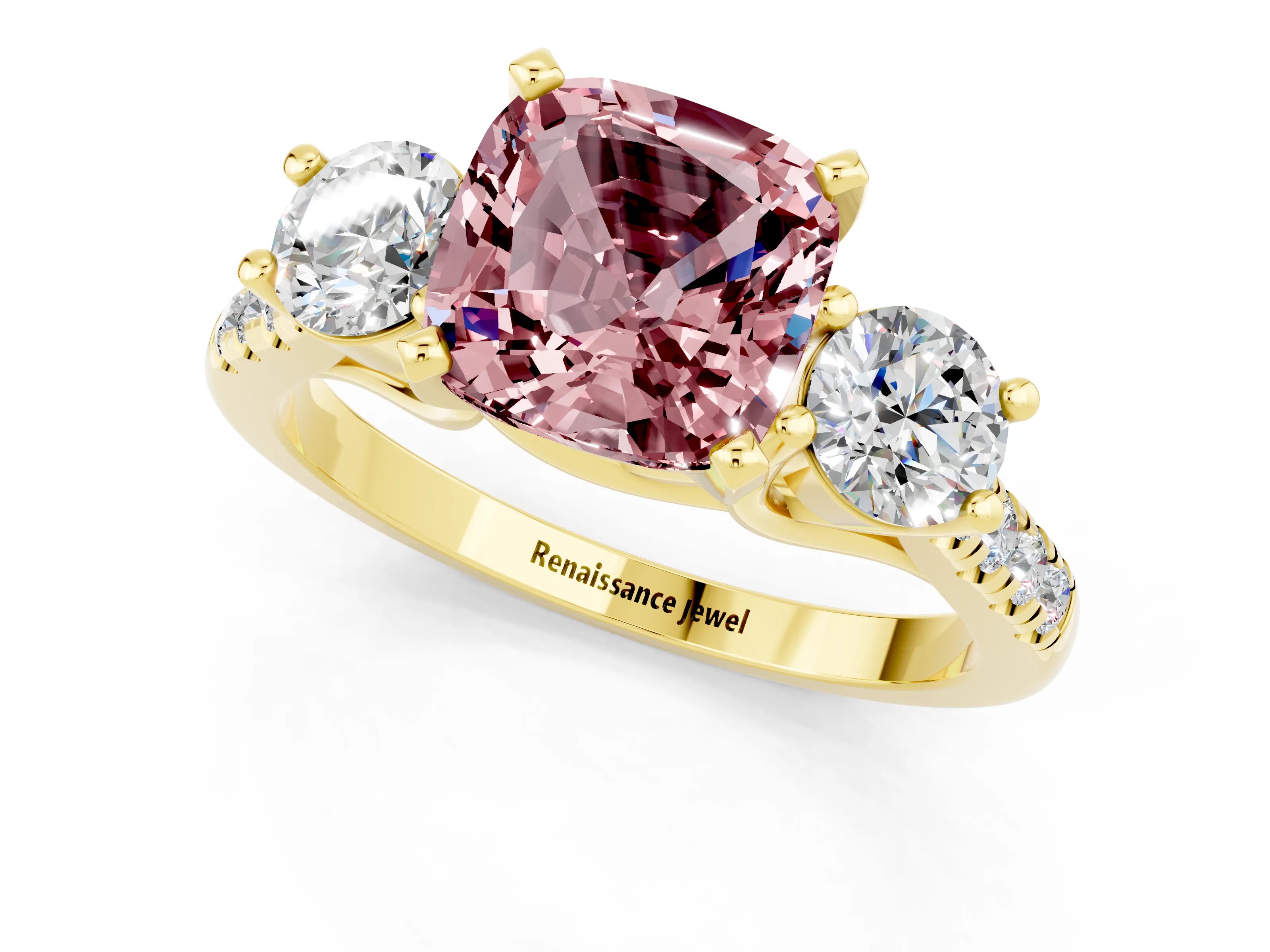 Yellow gold Three-Stone Cushion Cut Morganite Pavé Band with Four-Prong Setting_1