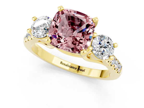 Yellow gold Three-Stone Cushion Cut Morganite Pavé Band with Four-Prong Setting