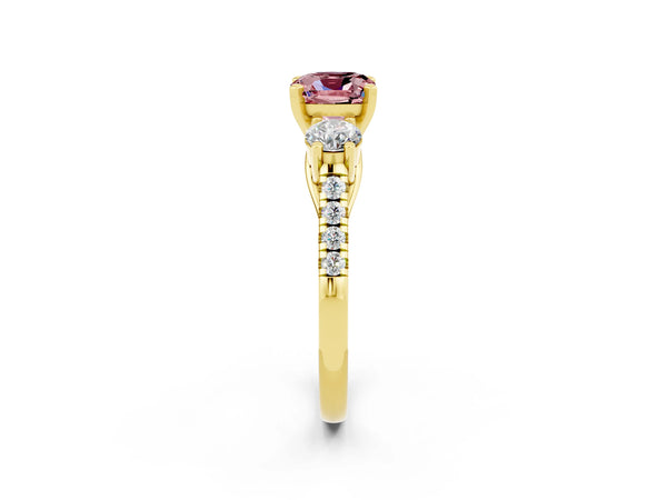 Yellow gold Three-Stone Cushion Cut Morganite Pavé Band with Four-Prong Setting