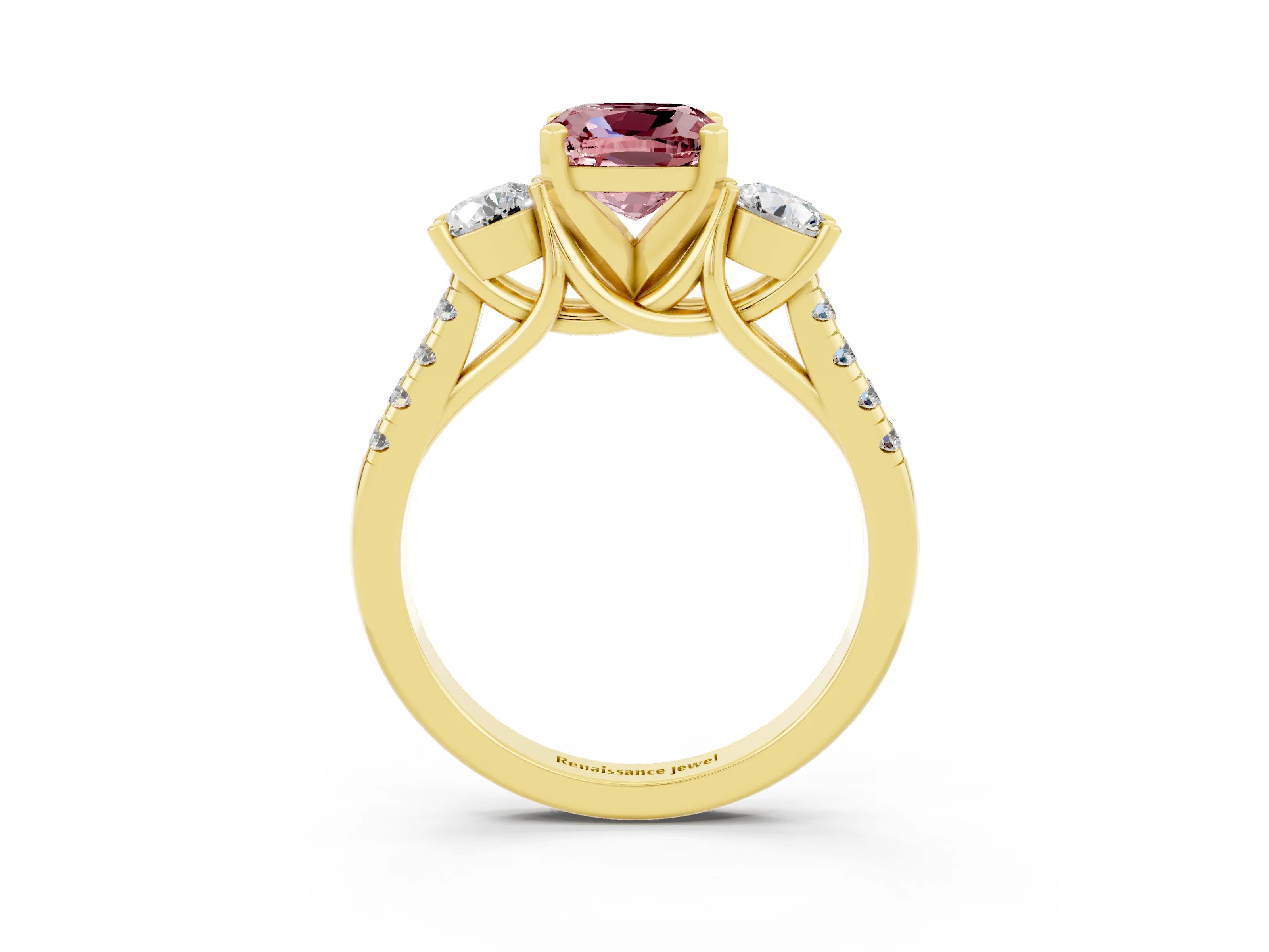 Yellow gold Three-Stone Cushion Cut Morganite Pavé Band with Four-Prong Setting_3