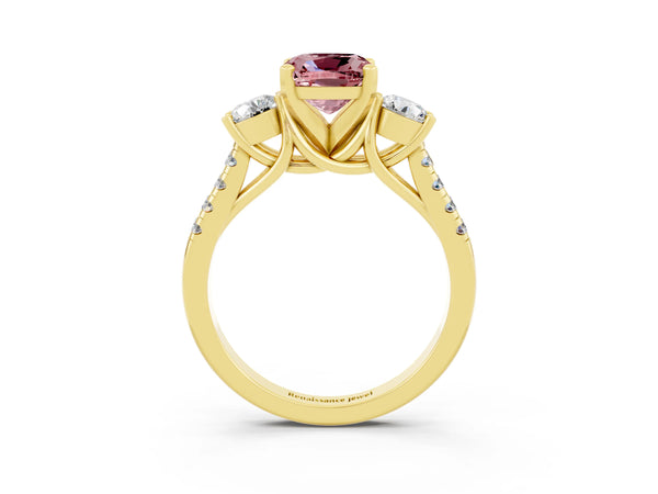 Yellow gold Three-Stone Cushion Cut Morganite Pavé Band with Four-Prong Setting