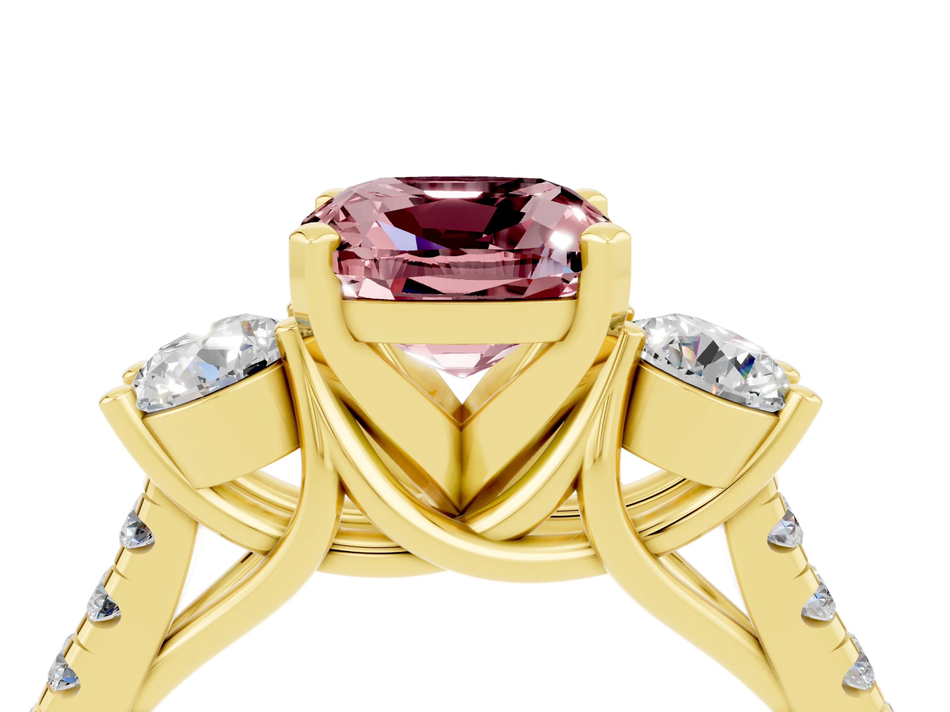 Yellow gold Three-Stone Cushion Cut Morganite Pavé Band with Four-Prong Setting_4