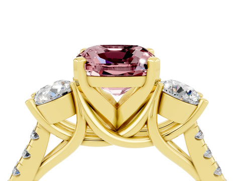 Yellow gold Three-Stone Cushion Cut Morganite Pavé Band with Four-Prong Setting_4