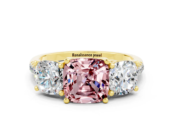 Yellow gold Three-Stone Cushion Cut Morganite Ring with Round  Pavé Band and Prong Setting