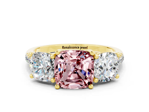 Yellow gold Three-Stone Cushion Cut Morganite Ring with Pavé Band and Prong Setting_12