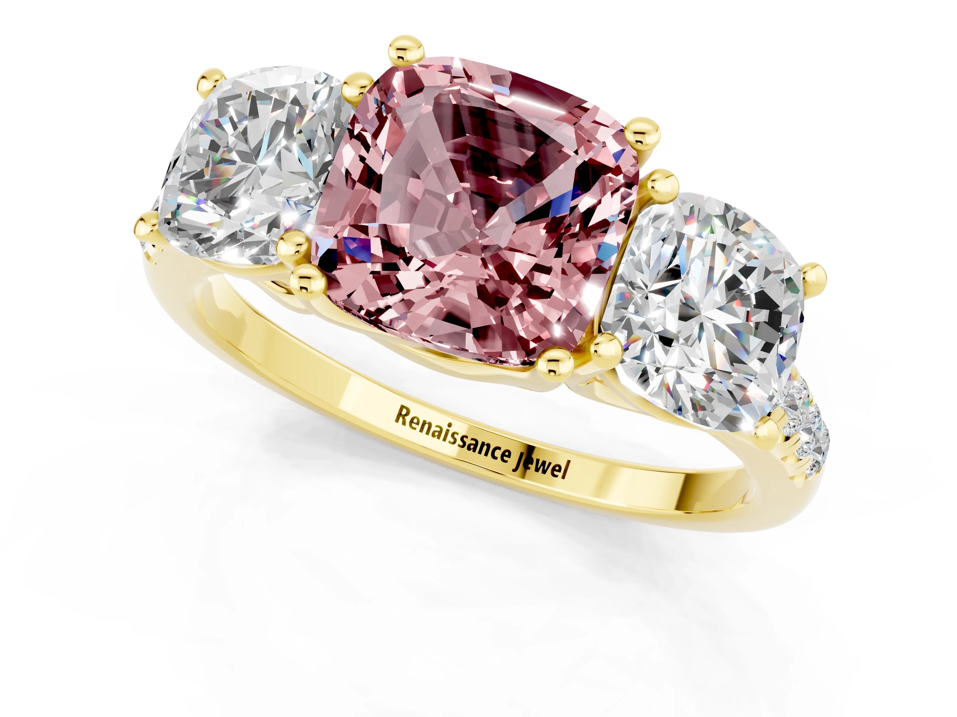Yellow gold Three-Stone Cushion Cut Morganite Ring with Pavé Band and Prong Setting_13