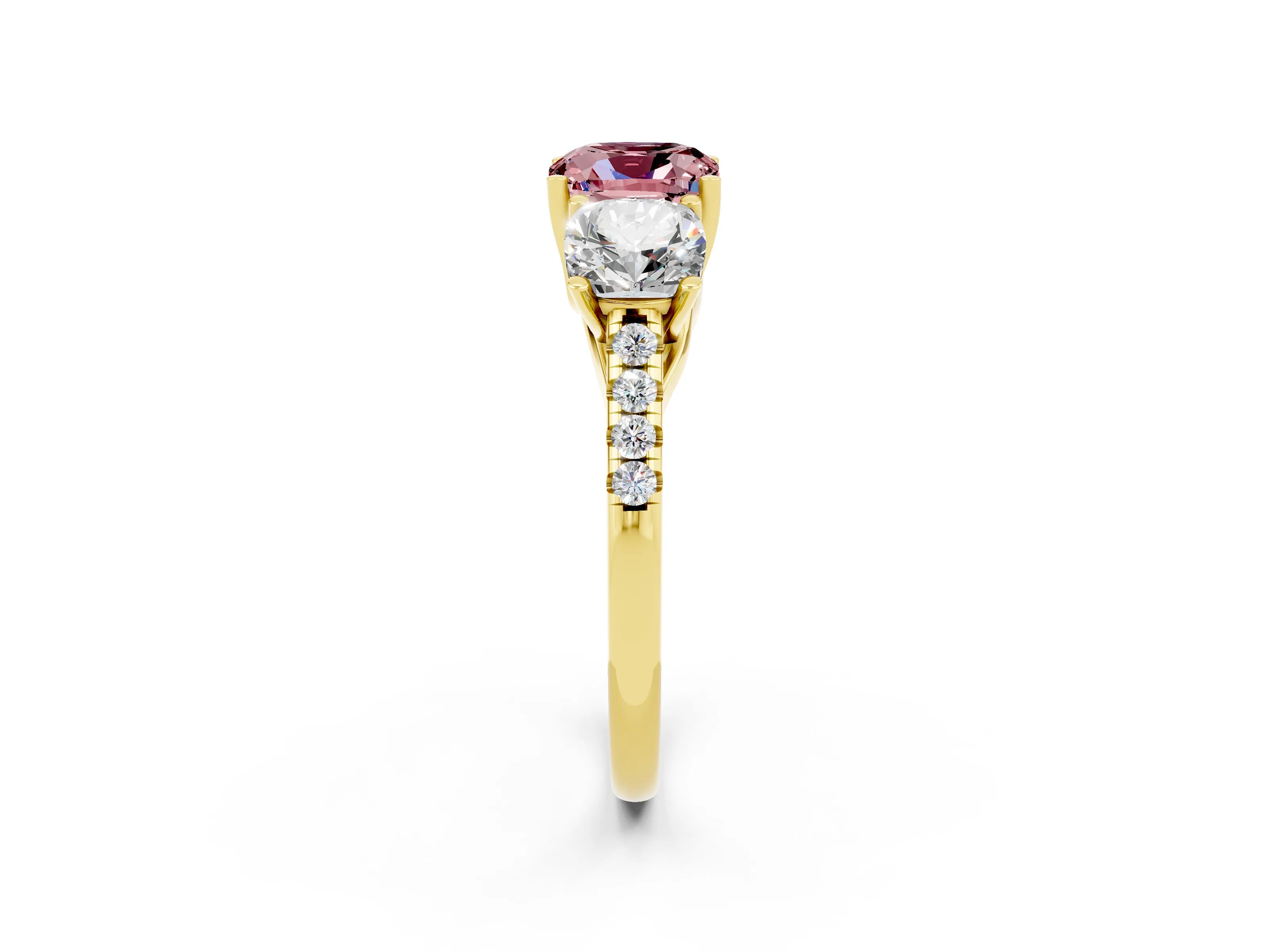 Yellow gold Three-Stone Cushion Cut Morganite Ring with Pavé Band and Prong Setting_14