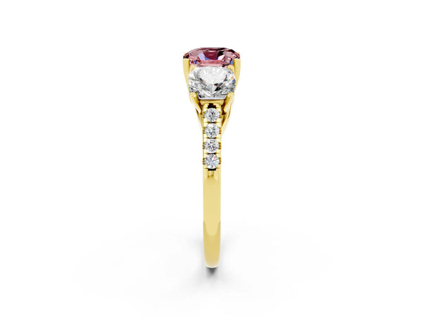 Yellow gold Three-Stone Cushion Cut Morganite Ring with Round  Pavé Band and Prong Setting