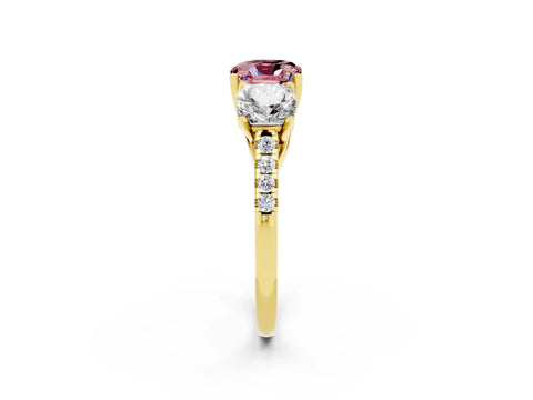 Yellow gold Three-Stone Cushion Cut Morganite Ring with Pavé Band and Prong Setting_14