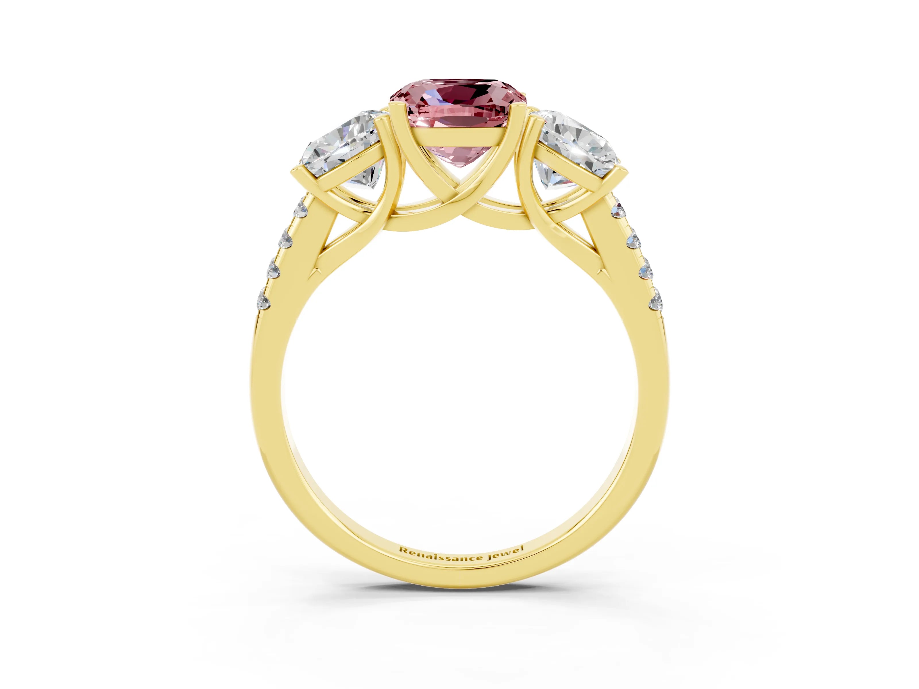 Yellow gold Three-Stone Cushion Cut Morganite Ring with Pavé Band and Prong Setting_15