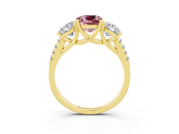 Yellow gold Three-Stone Cushion Cut Morganite Ring with Round  Pavé Band and Prong Setting