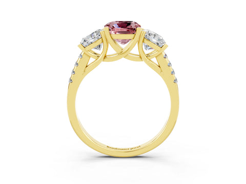 Yellow gold Three-Stone Cushion Cut Morganite Ring with Pavé Band and Prong Setting_15