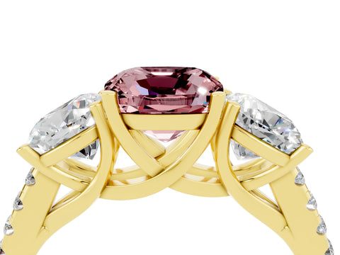 Yellow gold Three-Stone Cushion Cut Morganite Ring with Pavé Band and Prong Setting_16