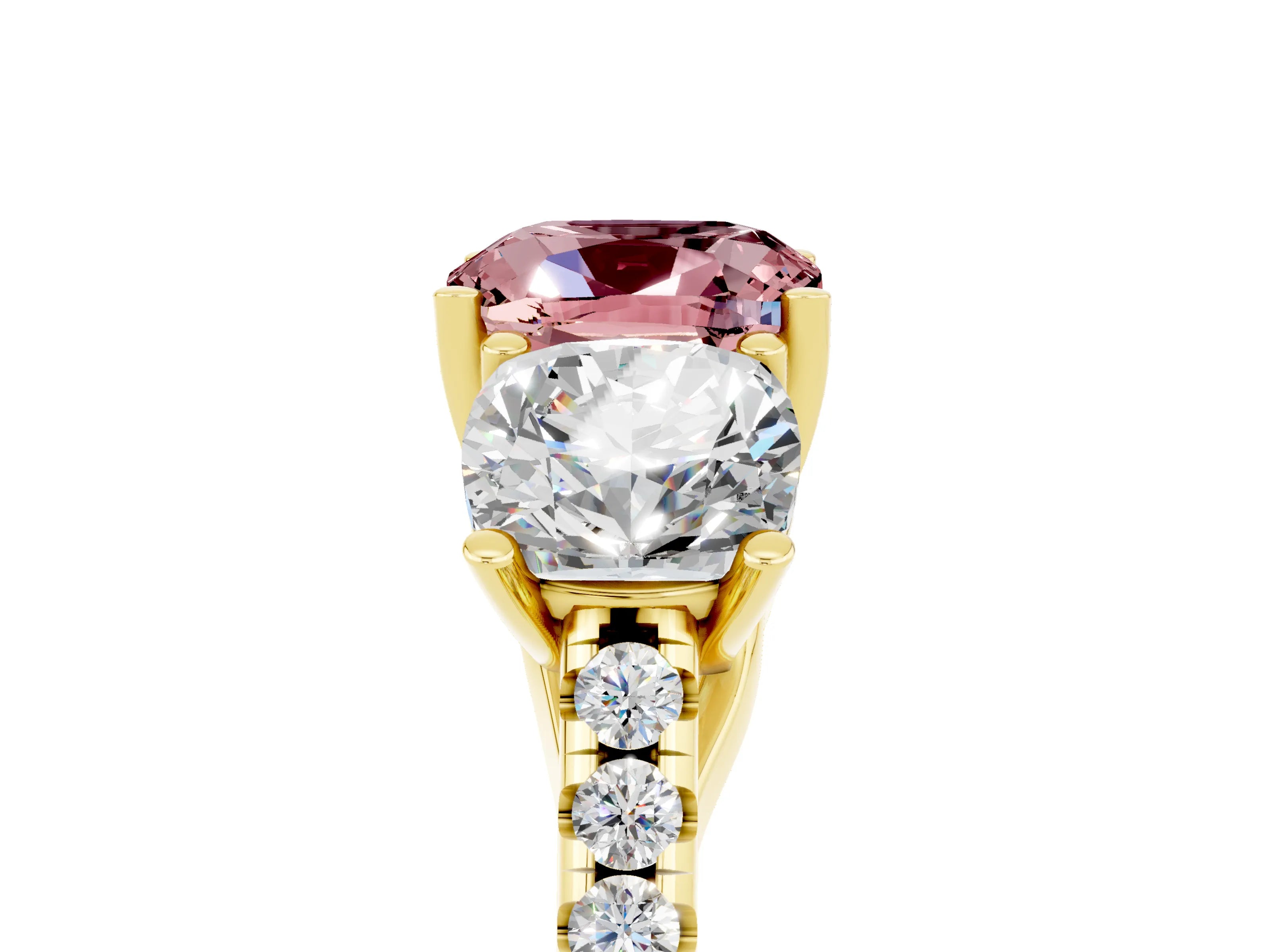 Yellow gold Three-Stone Cushion Cut Morganite Ring with Pavé Band and Prong Setting_17