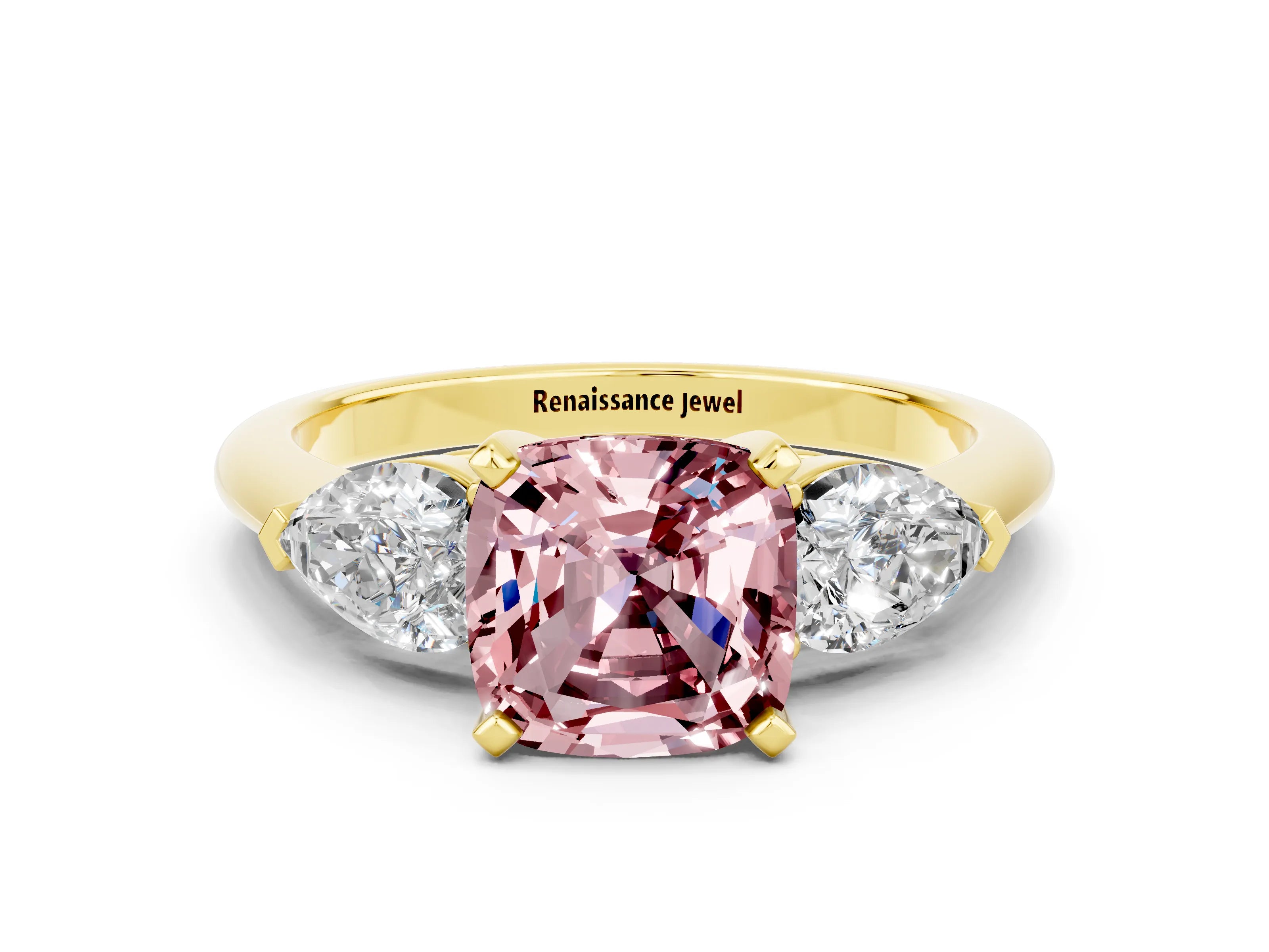 Yellow gold Three-Stone Cushion Cut Morganite Ring with Pear Side Stones and Four-Prong Setting