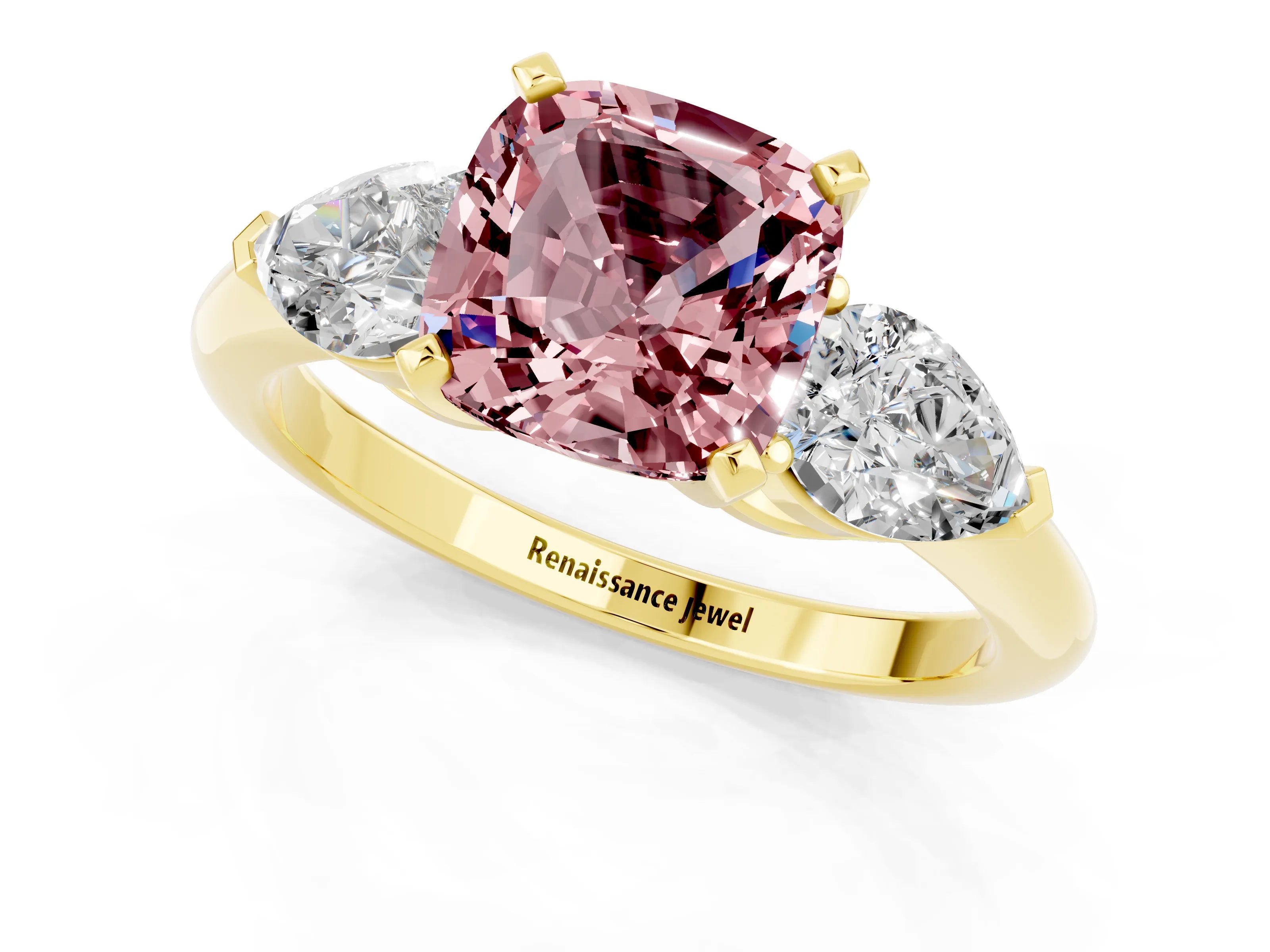 Yellow gold Three-Stone Cushion Cut Morganite Ring with Pear Side Stones and Four-Prong Setting_1