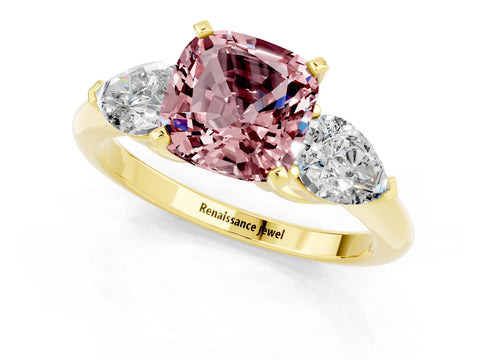 Yellow gold Three-Stone Cushion Cut Morganite Ring with Pear Side Stones and Four-Prong Setting_1