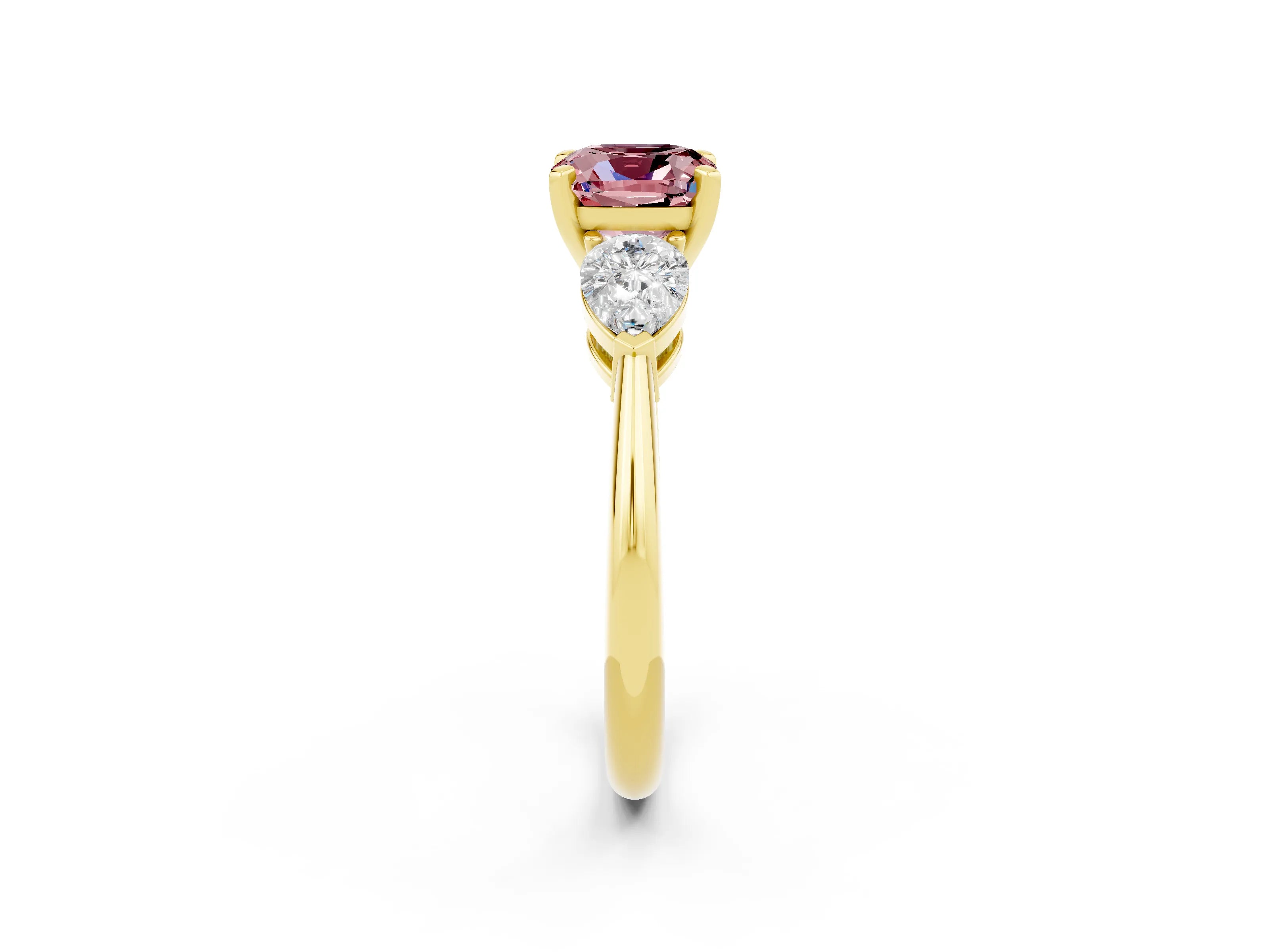 Yellow gold Three-Stone Cushion Cut Morganite Ring with Pear Side Stones and Four-Prong Setting_2