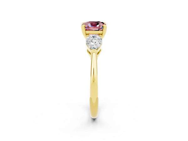 Yellow gold Three-Stone Cushion Cut Morganite Ring with Pear Side Stones and Four-Prong Setting