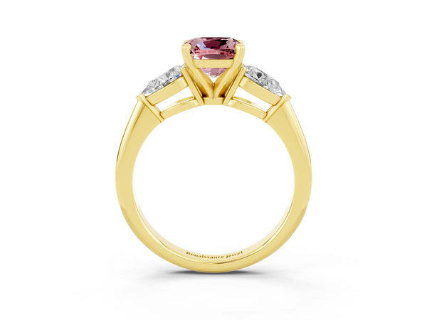 Yellow gold Three-Stone Cushion Cut Morganite Ring with Pear Side Stones and Four-Prong Setting